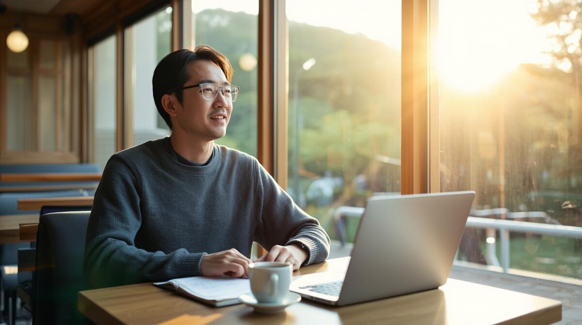 ファミレスの窓際で、ノートPCとコーヒーを前にして思考を巡らせる日本人経営者の姿